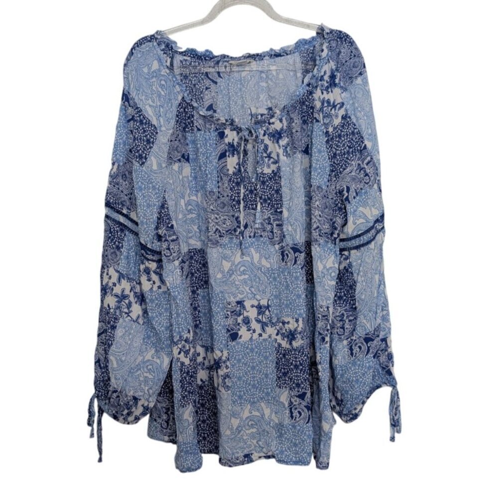 Cato Patchwork Floral Shirt Womens Size 22/24W Blue Paisley Boho Lightweight